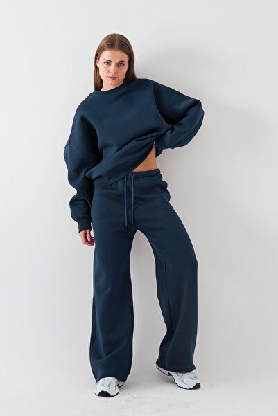 The Champ Clothing Unisex Oversized Tracksuit Set Basic Marine – Crew Neck, Wide Legs, 3 Thread Fleece-Lined Fleece