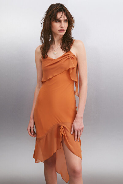 ETHIQUET VESPERTINA Γυναικείο φόρεμα από υφαντό σιφόν ασύμμετρο και με λεπτομέρεια βολάν μίντι πορτοκαλί