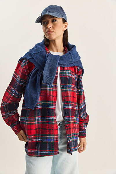 Bianco Lucci Women's Plaid Patterned Oversized Lumberjack Shirt Dg251056 60283837