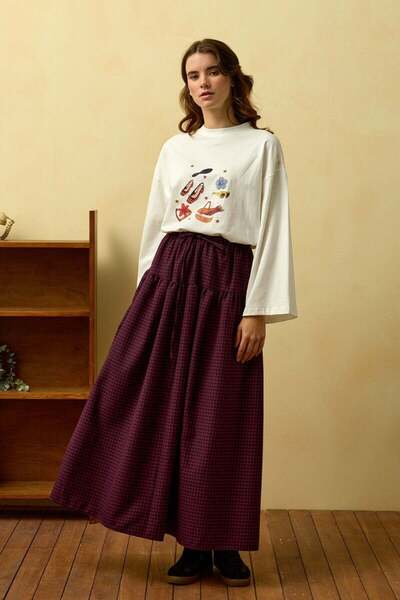 Ceylan Otantik Burgundy Polka Dot Ruffle Detail Polyviscose Skirt