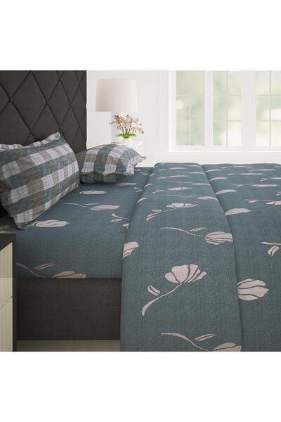 Generic Story@Home Fitted Double Bedsheet 100% Cotton Queen Size with 2 Pillow Covers (60×72, Gray, Floral)