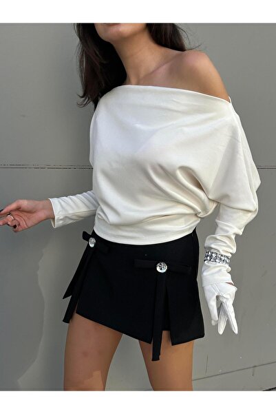 minaaise Women's Ecru Long Sleeve Off-Shoulder Blouse 30100