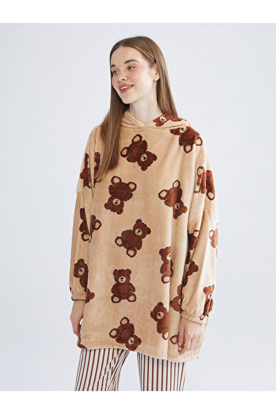 LC Waikiki Young Beige Hooded Oversized Women's Plush Pajama Top