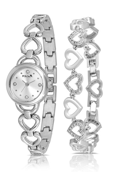 Polo Air Kalp Detaylı Zarif Kadın Kol Saati Kalp Bileklik Kombin Gümüş Renk P...