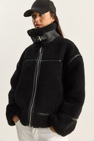 Bianco Lucci Women's Faux Leather Piped Detail Pocket Teddy Biker Jacket 2370 60281126