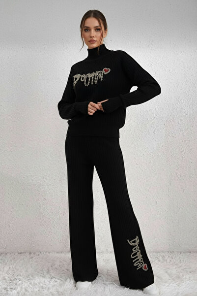 NEWCO Corded Fabric Textured Pearl Embroidered Finger-Threaded Half-Turtleneck Knitwear Two-Piece Suit