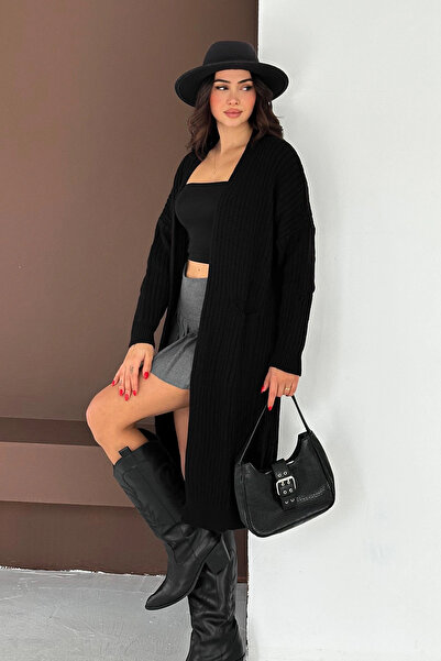 AsprinFashion Σελανίκη Πλεκτή Ζακέτα Μακριά Πλεκτή με Λεπτομέρεια Τσέπης Μαύρη