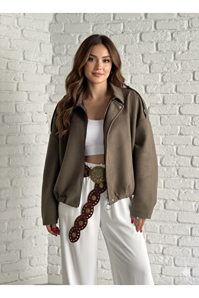 hazelin Γυναικείο σκούρο μπεζ δερμάτινο μπουφάν με oversized φερμουάρ και κούμπωμα χωρίς τσέπες HZL25W-BD107301