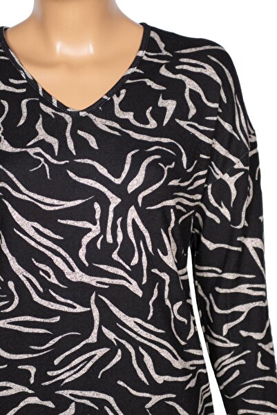 Barem Women's Lina Plus Size Winter V-Neck Soft Black Blouse D07