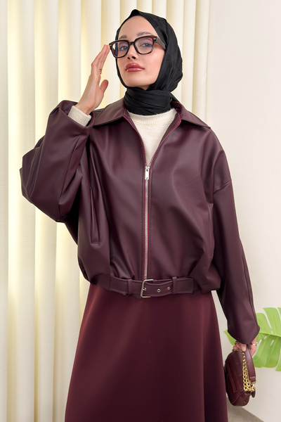 Salih Çelebi Jachetă Bomber din piele artificială cu detaliu curea 2017 - ROȘ...