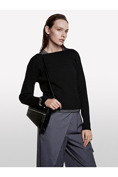 Sisley Cotton and Wool Blend Ribbed Boat Neck Sweater Women's Black Sweater - 325A1Khtl106J