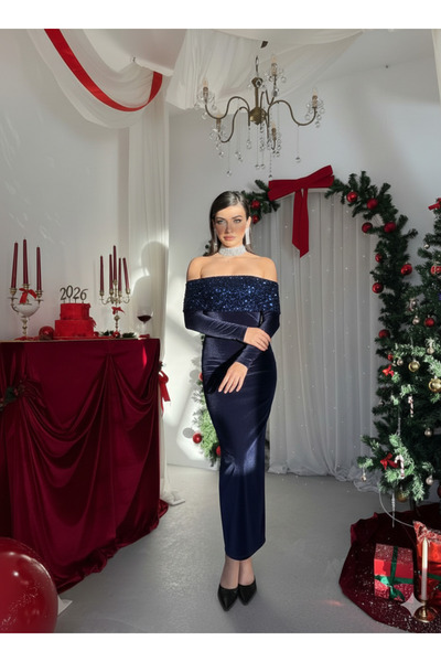 solena sln Kadın Slim Fit Payetli Madonna Yaka Kadife Şık Özel Gün Yılbaşı El...