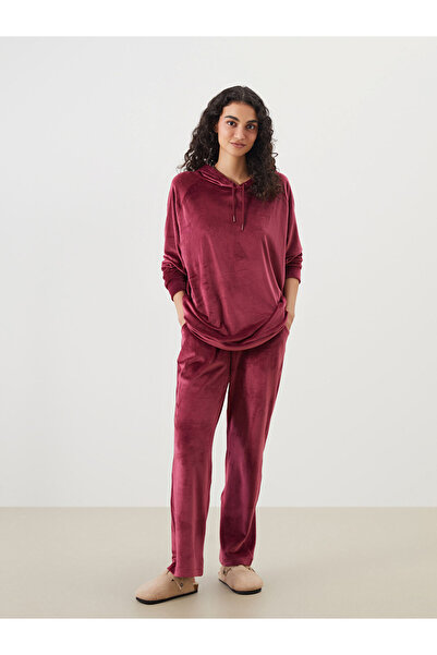 LC Waikiki Dream Burgundy Hooded Velvet Women's Pajama Top