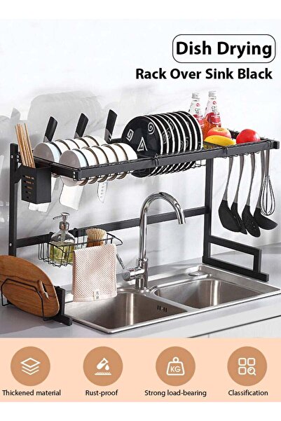 Generic رف أطباق وصرف مياه من ليون هوم مصنوع من الفولاذ الكربوني، رف أطباق وأطباق المطبخ، رف ألواح التقطيع والسكاكين باللون الأسود