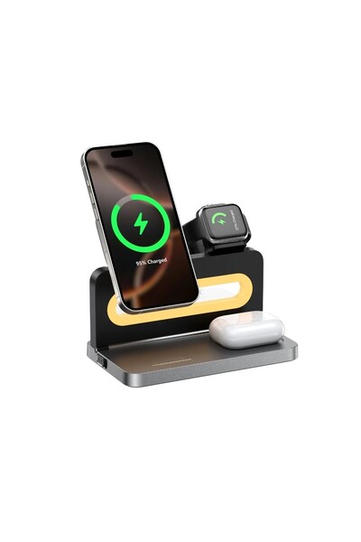 Bix TPS02 3’ü 1 15W Kablosuz Manyetik Şarj Standı Telefon TWS Kulaklık Akıllı Saat Gece Lambalı iPho