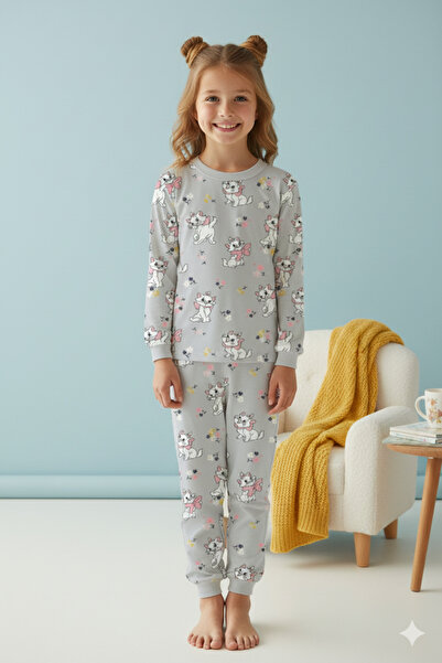 ROSAMİNA Girl's 100% Cotton Gray Cat Patterned Pajama Set