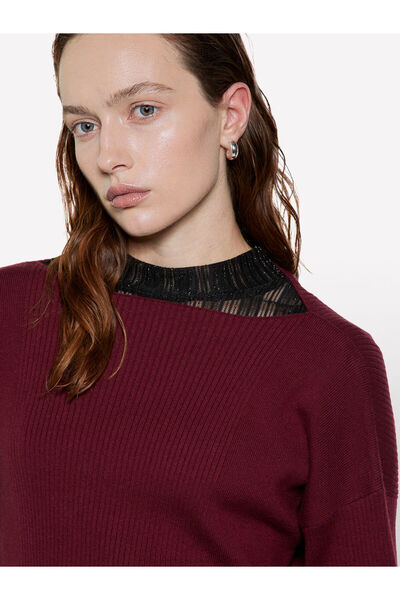 Sisley Cotton and Wool Blend Ribbed Boat Neck Sweater Women Burgundy Sweater - 325A1Khtl106J