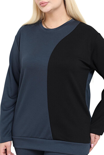 MELSAY Women's Plus Size Navy Blue-Black Color Block Modal Tracksuit Set