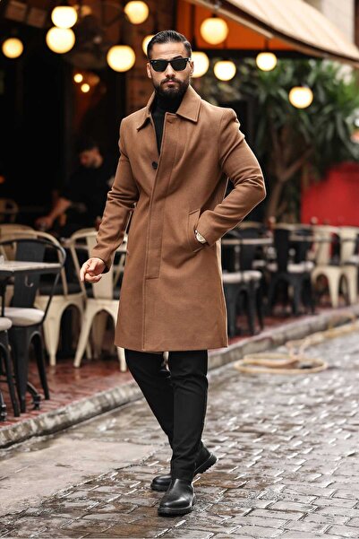 Endap Men's Modern Fit Hidden Button Detailed Tan Cashmere Coat
