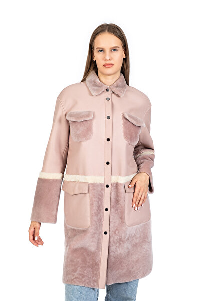 PAOLO FRAMINCO PF-106 GERÇEK KUZU DERİSİ KÜRK UZUN KABAN PEMBE