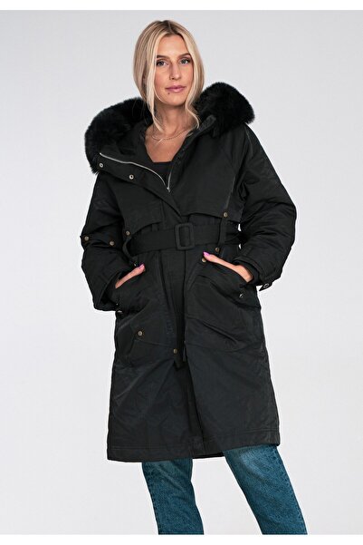 Figl Geacă lungă de damă cu blană - Geacă cu puf - Geacă neagră M1228 mărimea L