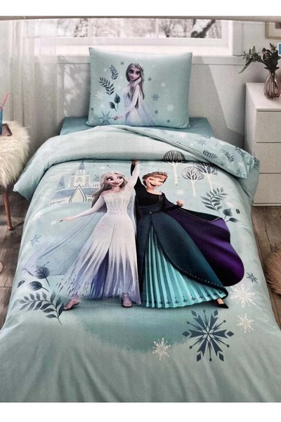 Özdilek Licensed Fitted Sheet Single Children's Duvet Cover Set-Frozen Leaves Mint