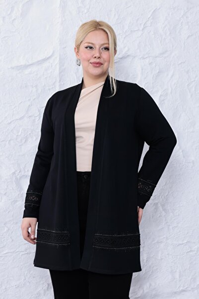 Siyezen Büyük Beden Dantel Taş Detaylı Hırka