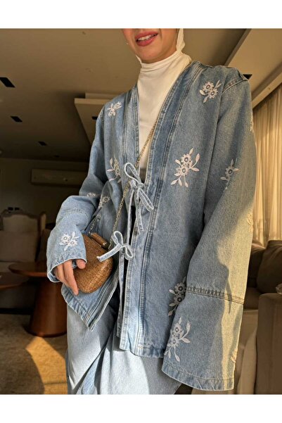 Lavanta Tekstil Floral Embroidered Tie-Up Denim Jeans Jacket