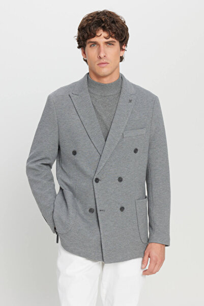 ALTINYILDIZ CLASSICS Slim Fit Slim Fit Swallow Collar Flexible Double-Breasted Gray Jacket with Bag Pockets