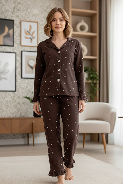 ELİTOL Σετ γυναικεία πιτζάμα με υφή με βολάν και λεπτομέρειες