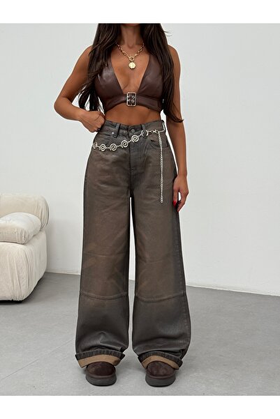 HerTon Vintage Kahve Tonlu Wide Leg Denim Pantolon