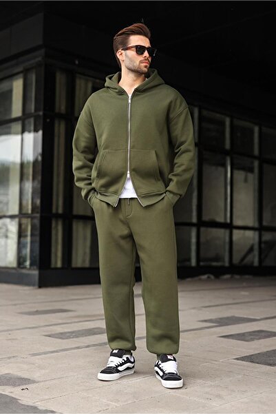 Madmext Khaki Double Zipper Hooded Tracksuit Set E7345
