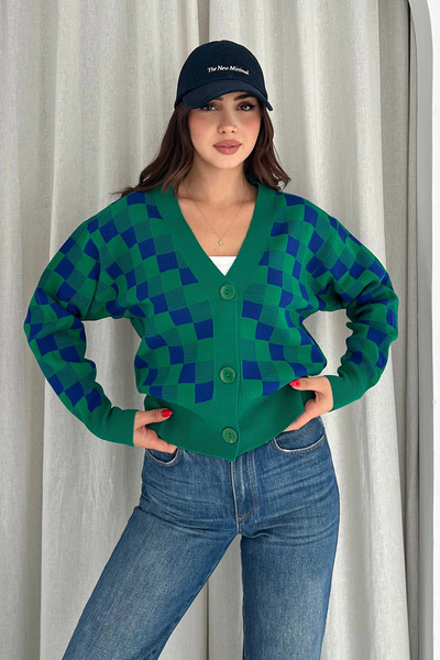 AsprinFashion Square Patterned Short Cardigan Green