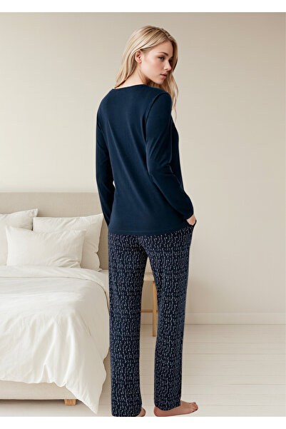 Loule Women's Navy Blue Button Detailed %50 Cotton %50 Modal Summer Printed Pajama Set