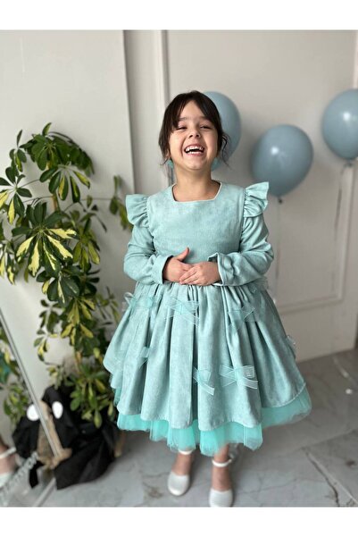 Sare Çocuk Giyim Girl's Turquoise Puffy Bow Detailed Long Sleeve Velvet Dress + Buckle