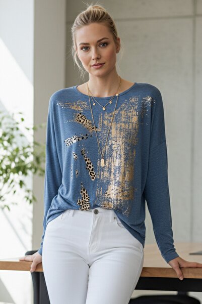Chiccy Italian Jean Blue Pool Neck Long Sleeve Slim Varak Ba Printed Asual Angora Ov Oversized Riko Blouse 68 76