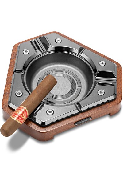 CIGARLOONG Cigar Ashtray, Metal & Wood Desktop 3-Slot (Black)