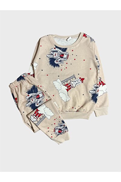 tusem butik homewear Boy's Cotton Fleece-Lined Beige Color Astronaut Missile Patterned Long Sleeve Winter Pajama Set