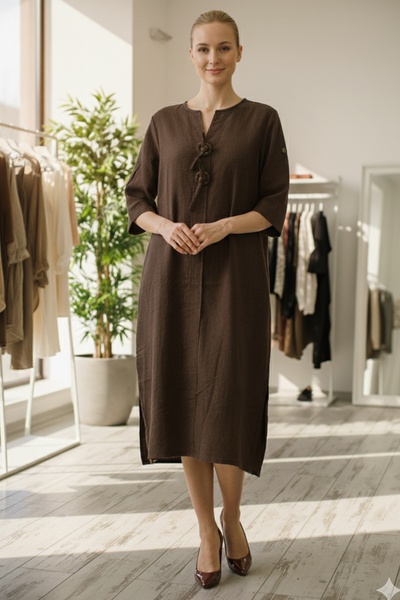 Chiccy Italian Brown Buttoned 3/4 Sleeve Y Slit Slim Fi Corded Fabric Adife Long Woven Dress 120 55