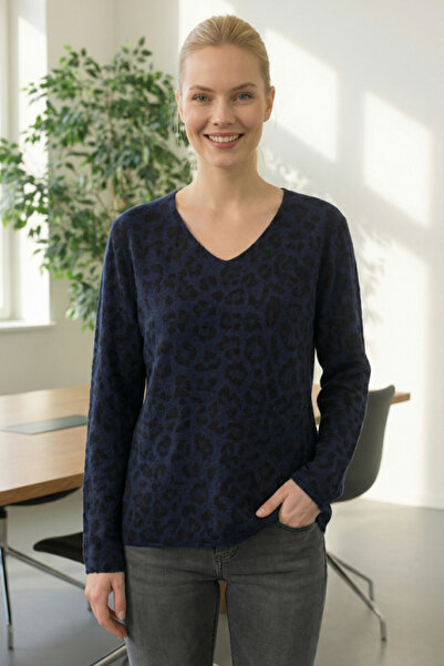 Chiccy Italian Navy Blue V-Neck Long Sleeve Leopard Print Slim Casual Ov Oversized Riko Blouse 64 54