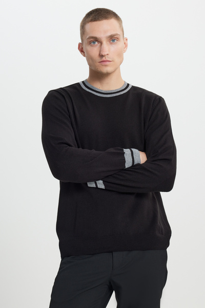 ALTINYILDIZ CLASSICS Men's Black Anti-pilling Sleeve and Collar Stripe Patterned Standard Fit Crew Neck Knitwear Sweater