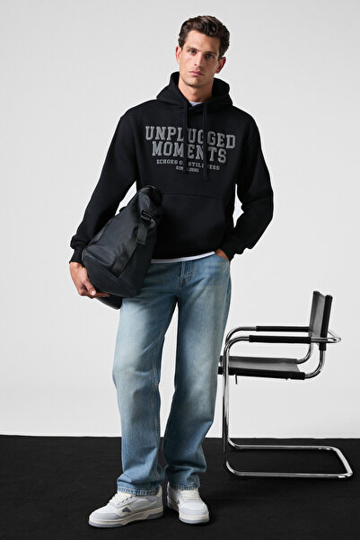 GRIMELANGE Cassian Men's Black Sweatshirt with Flared Front Printed Hooded Drawstring Kangaroo Pocket