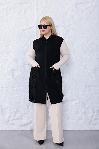 Siyezen Plus Size Bearded Sequin Embroidered Vest