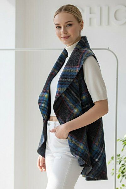 Chiccy Italian Black-Blue Shawl Collar Sleeveless Plaid Without Closure Thick Acrylic Long O Oversized Woven Vest 85 68