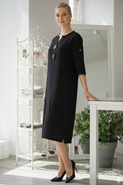 Chiccy Italian Black Buttoned 3/4 Sleeve Hidden Pocket Y Slit Slim Fi Corded Fabric Adife Long Woven Dress 120 55