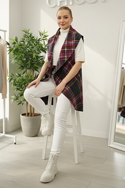 Chiccy Italian Black-Burgundy Shawl Collar Sleeveless Plaid Without Closure Thick Acrylic Long O Oversized Woven Vest 85 68