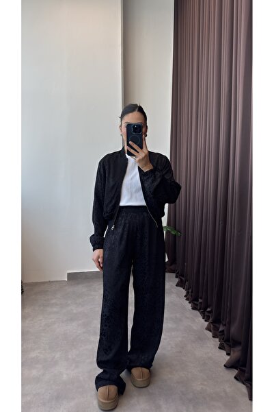 YOUR NAME Leopard Print Satin Bomber Jacket Pants Set