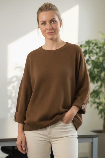 Chiccy Italian Milk Brown Crew Neck Buttoned 3/4 Sleeve Casual Acrylic O Oversized Knitwear Sweater 63 67