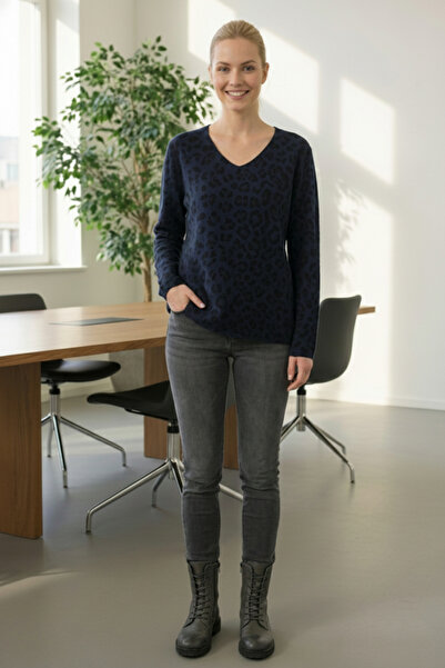 Chiccy Italian Navy Blue V-Neck Long Sleeve Leopard Print Slim Casual Ov Oversized Riko Blouse 64 54