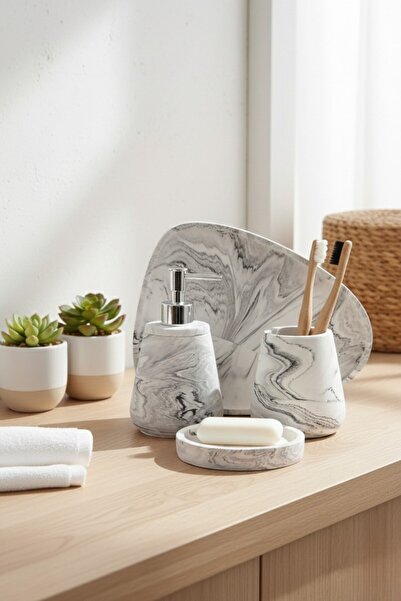 betonmall 4 Piece Marble Patterned Concrete Bathroom Set |   Soap Dish Toothbrush Holder Tray Modern Decor